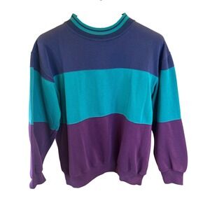Steeplechase Color Block Sweatshirt Mens XL Purple Teal Blue Striped Crewneck